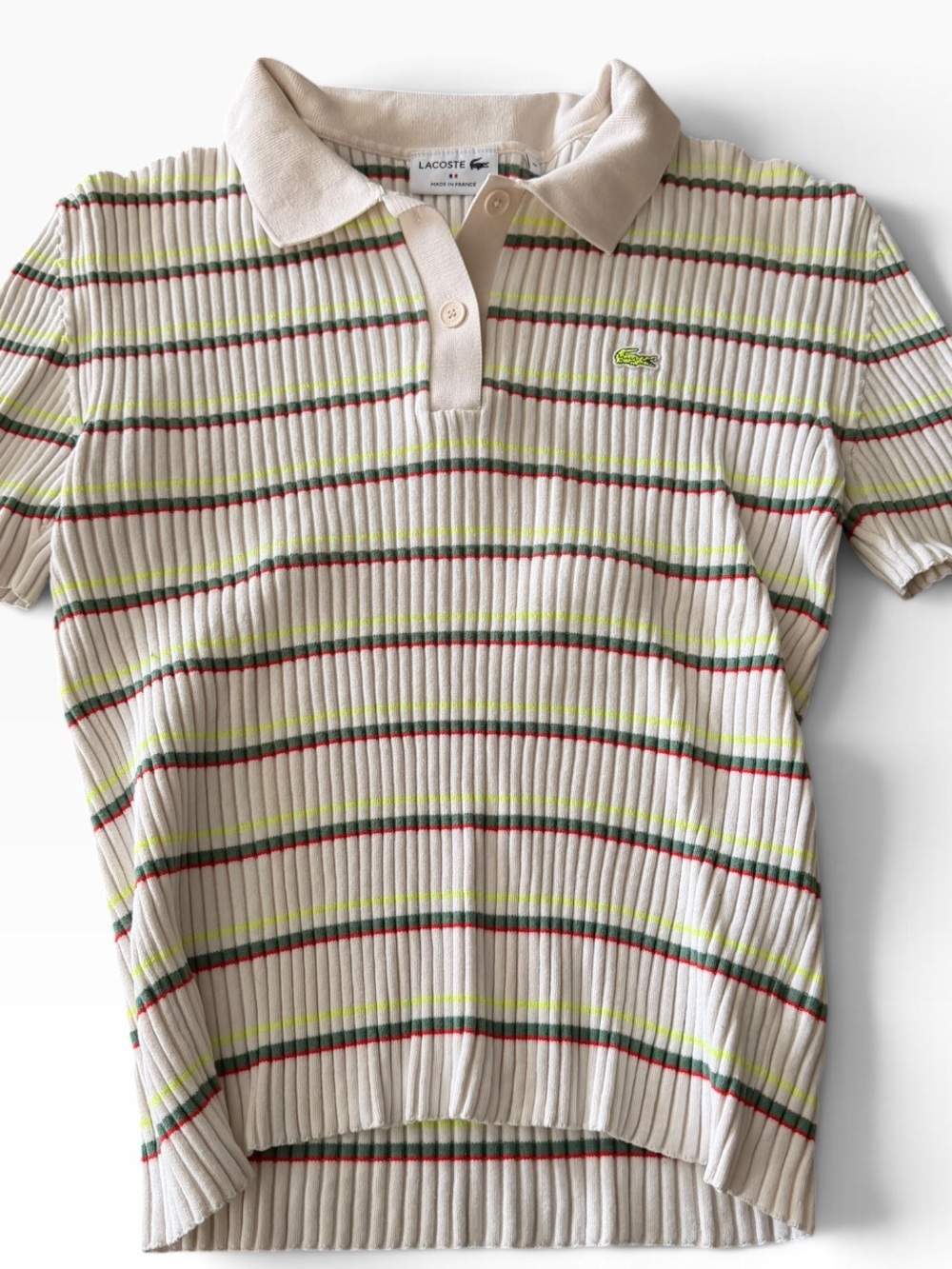 Lacoste Cream Ribbed Polo with Green and Red Stripes